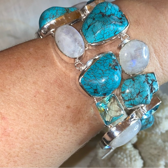 Gorgeous Tibetan Turquoise + Moonstone + Blue Topaz statement cuff bracelet - Picture 6 of 11